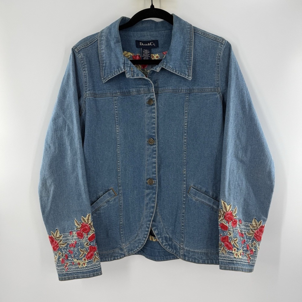 Denim & Co Jacket Womens Size Small Blue Floral Embroidered Button